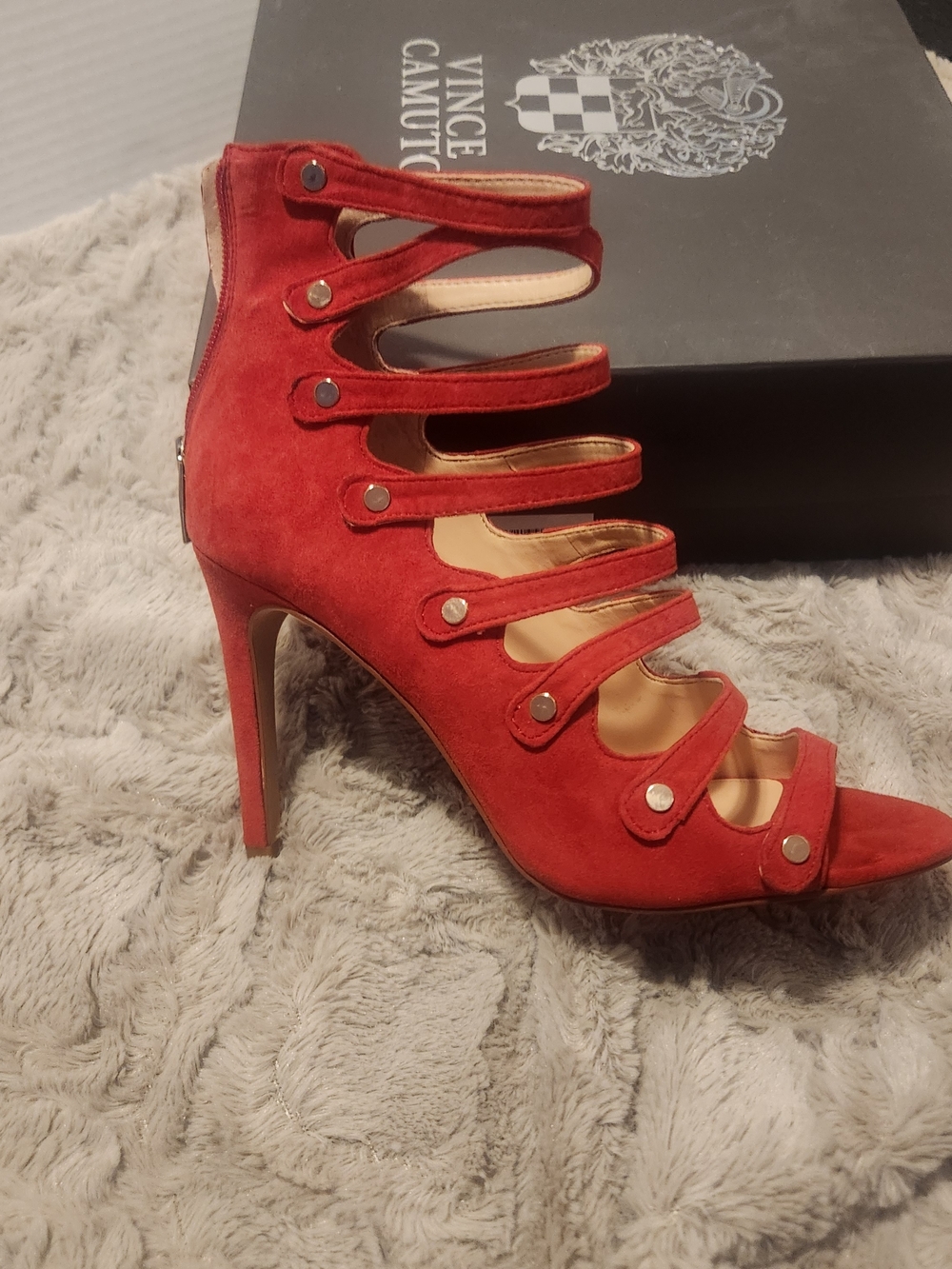 Vince Camuto Red Strappy Suede High Heel Sandals - Picture 5 of 6